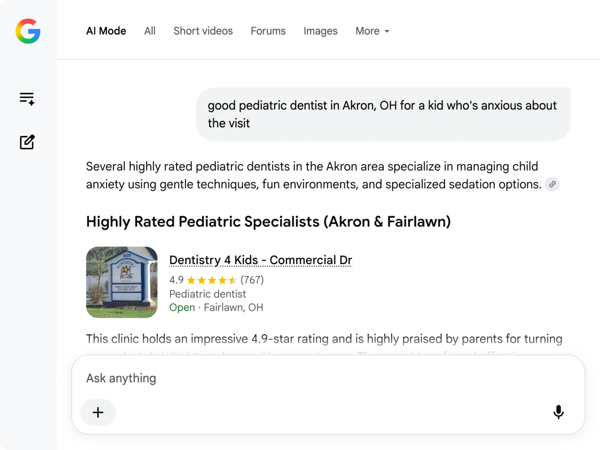 Google AI Mode answering "good pediatric dentist in Akron, OH for a kid who's anxious about the visit." The AI summary highlights Akron-area dentists specializing in child anxiety, with "Dentistry 4 Kids - Commercial Dr" (4.9 stars, 767 reviews, Fairlawn, OH) featured as the top recommendation.