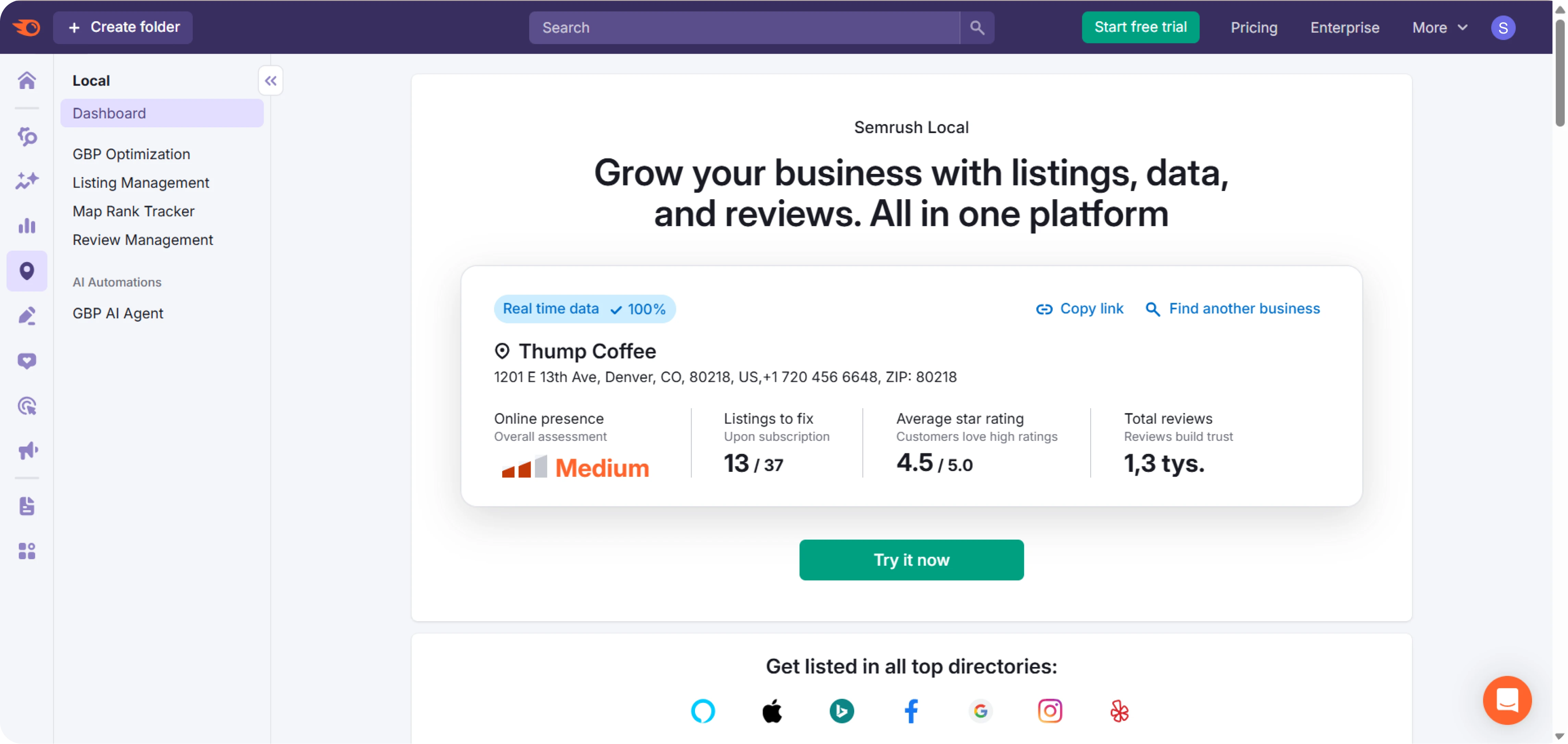 Semrush Local dashboard view