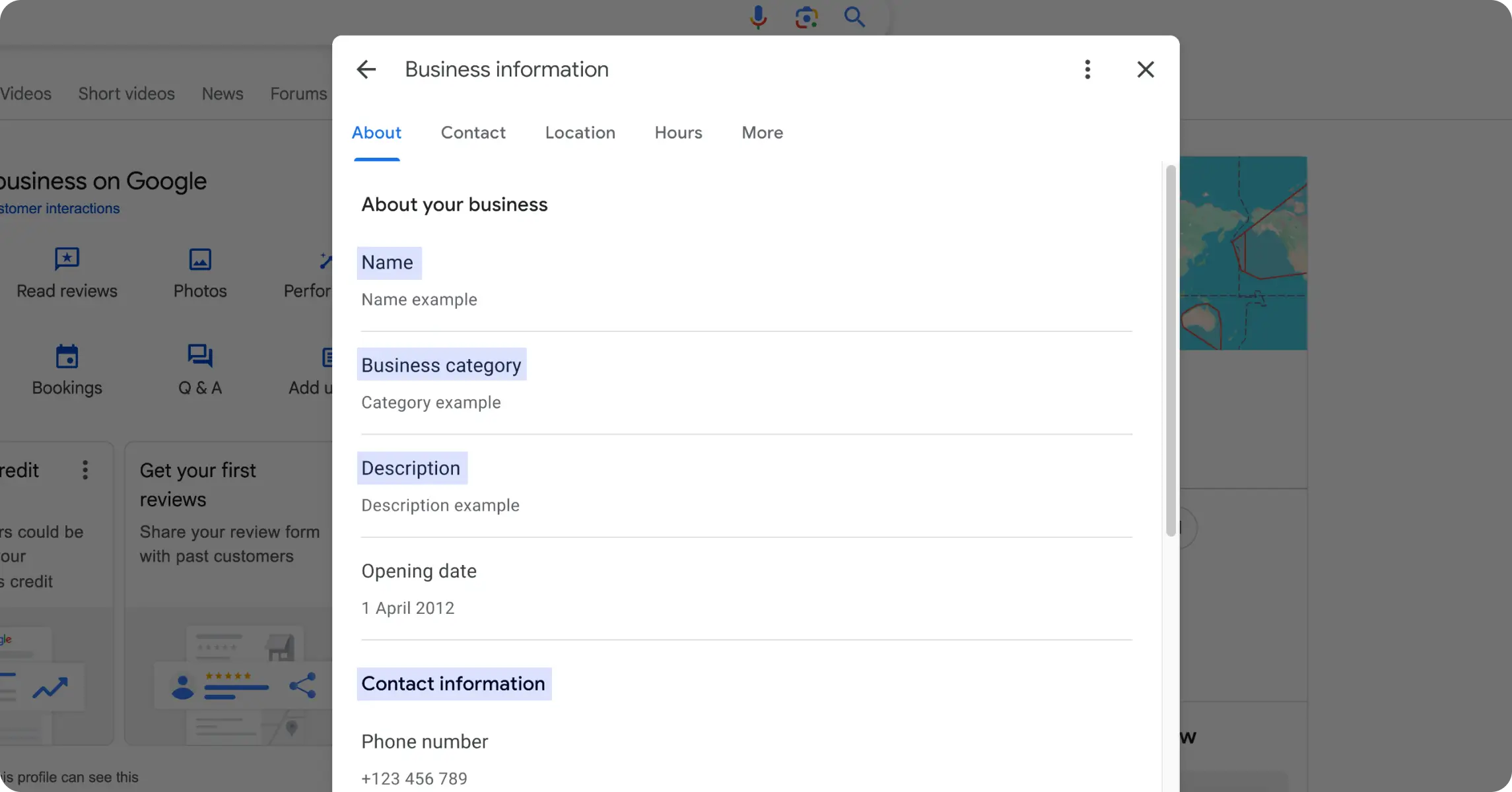 Screenshot of a properly optimized GBP dashboard in Google Business Manager with key elements labeled