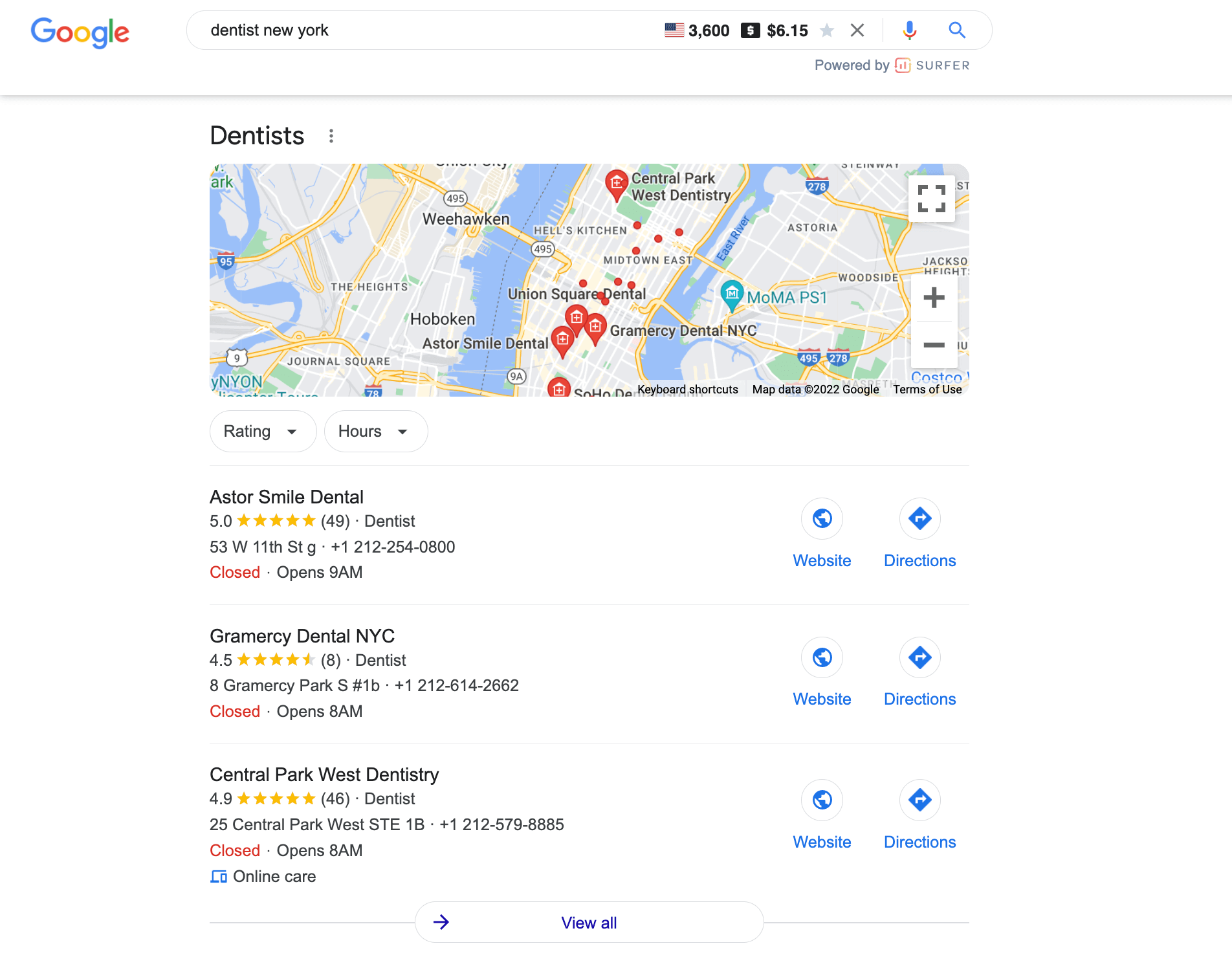 Google local search results for the keyword dentist new york