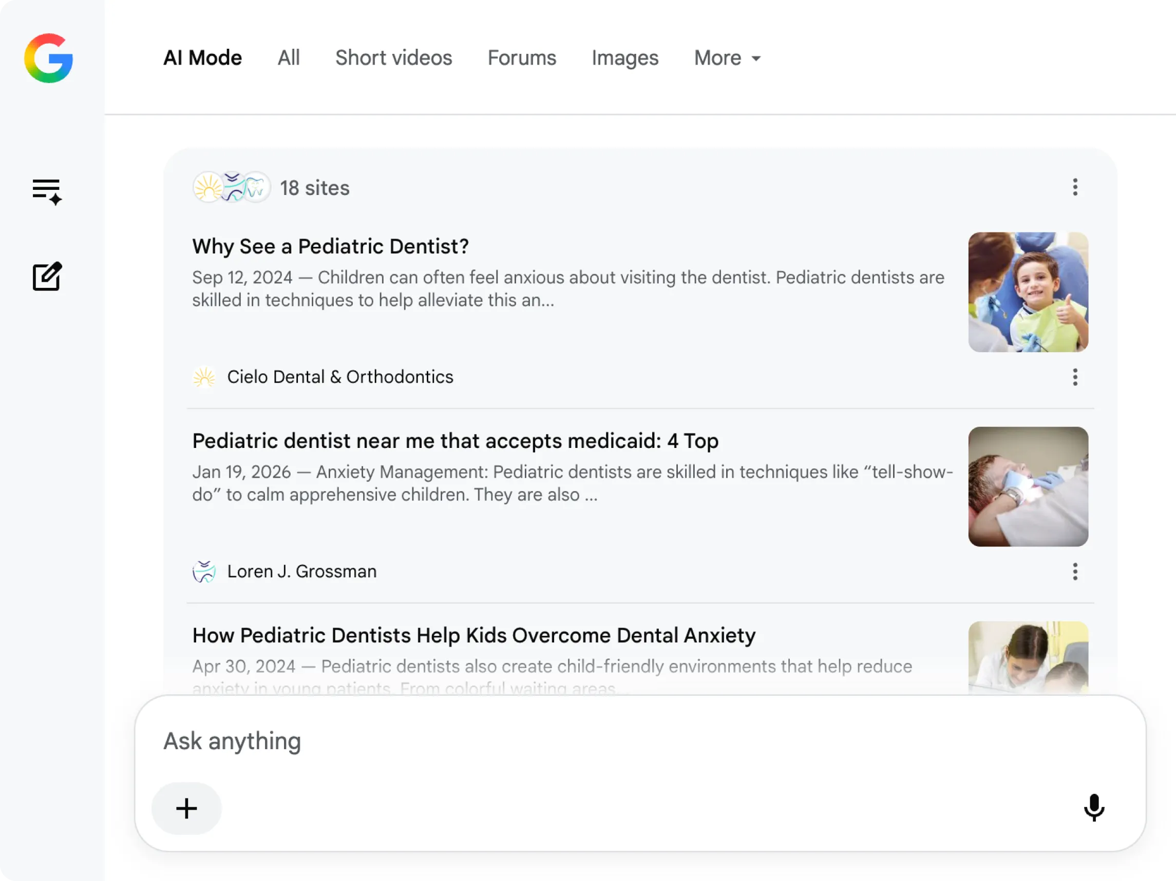 Panel mit zitierten Quellen in Google AI Mode für dieselbe Kinderzahnarzt-Anfrage. Drei der 18 zitierten Websites sind sichtbar: „Why See a Pediatric Dentist?" von Cielo Dental & Orthodontics, „Pediatric dentist near me that accepts medicaid" von Loren J. Grossman und ein Artikel über Zahnarztangst bei Kindern.