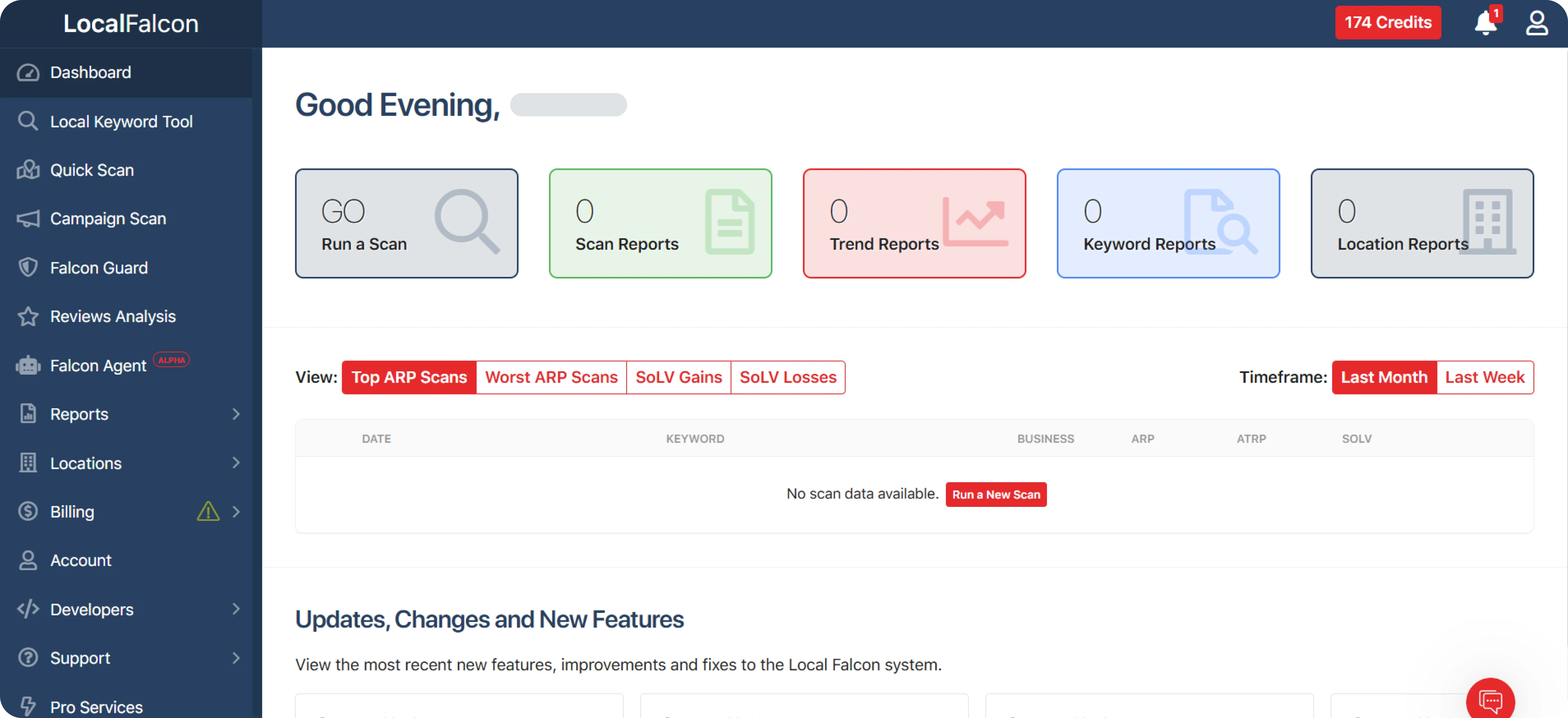 Hauptansicht des Local Falcon Dashboards