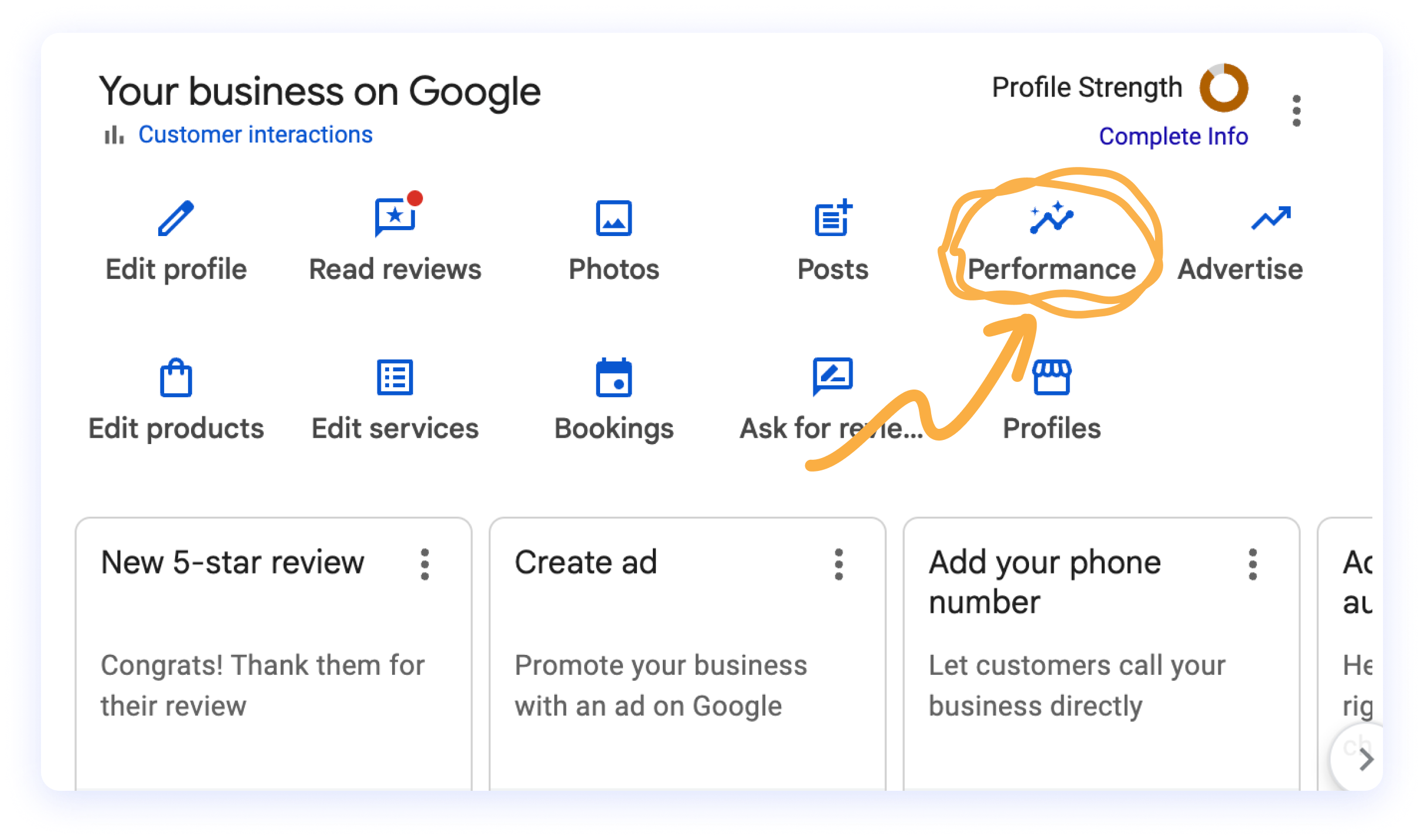 Dashboard des Google-Unternehmensprofils mit eingekreistem Button Leistung: der Einstieg zu den Keywords, für die das Profil schon erscheint.