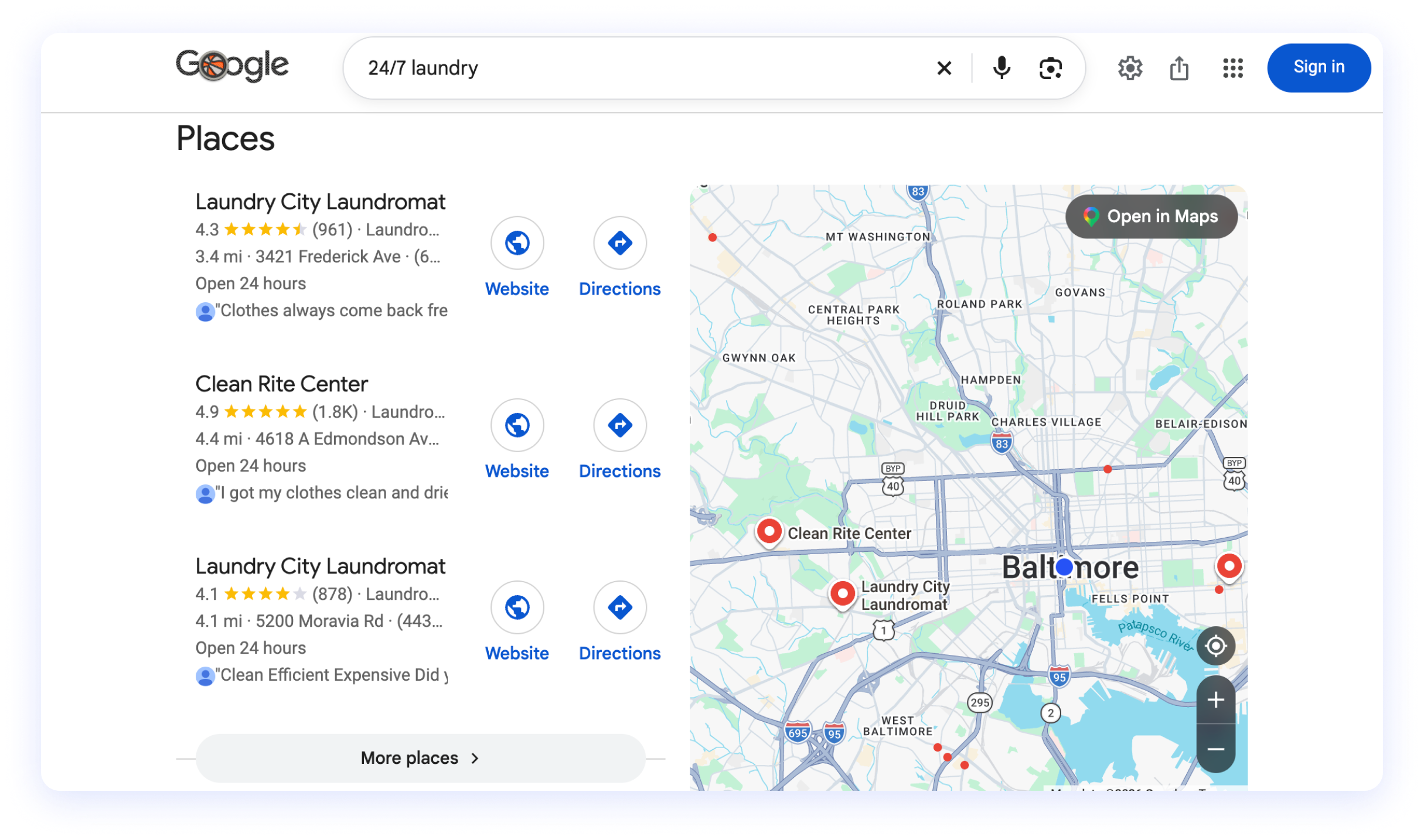 Google-Ergebnisse für „24/7 laundry“: ein Local Pack mit drei rund um die Uhr geöffneten Waschsalons in Baltimore. Die Phrase deutet einen Ort an, ohne ihn zu nennen.