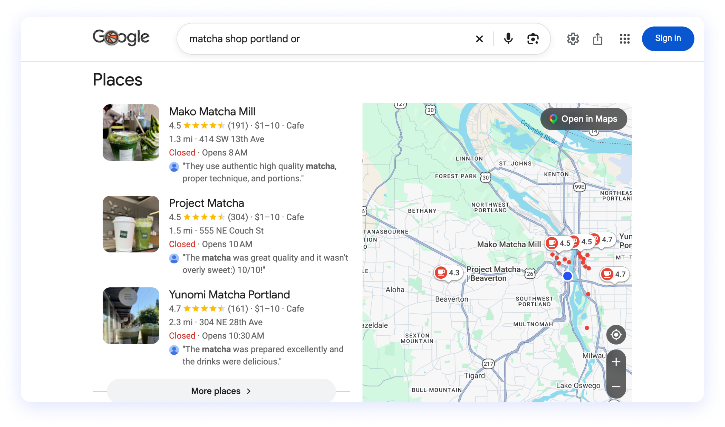 Google-Ergebnisse für das lokale Keyword „matcha shop portland or“: ein Local Pack mit drei Matcha-Cafés neben einer Karte von Portland.