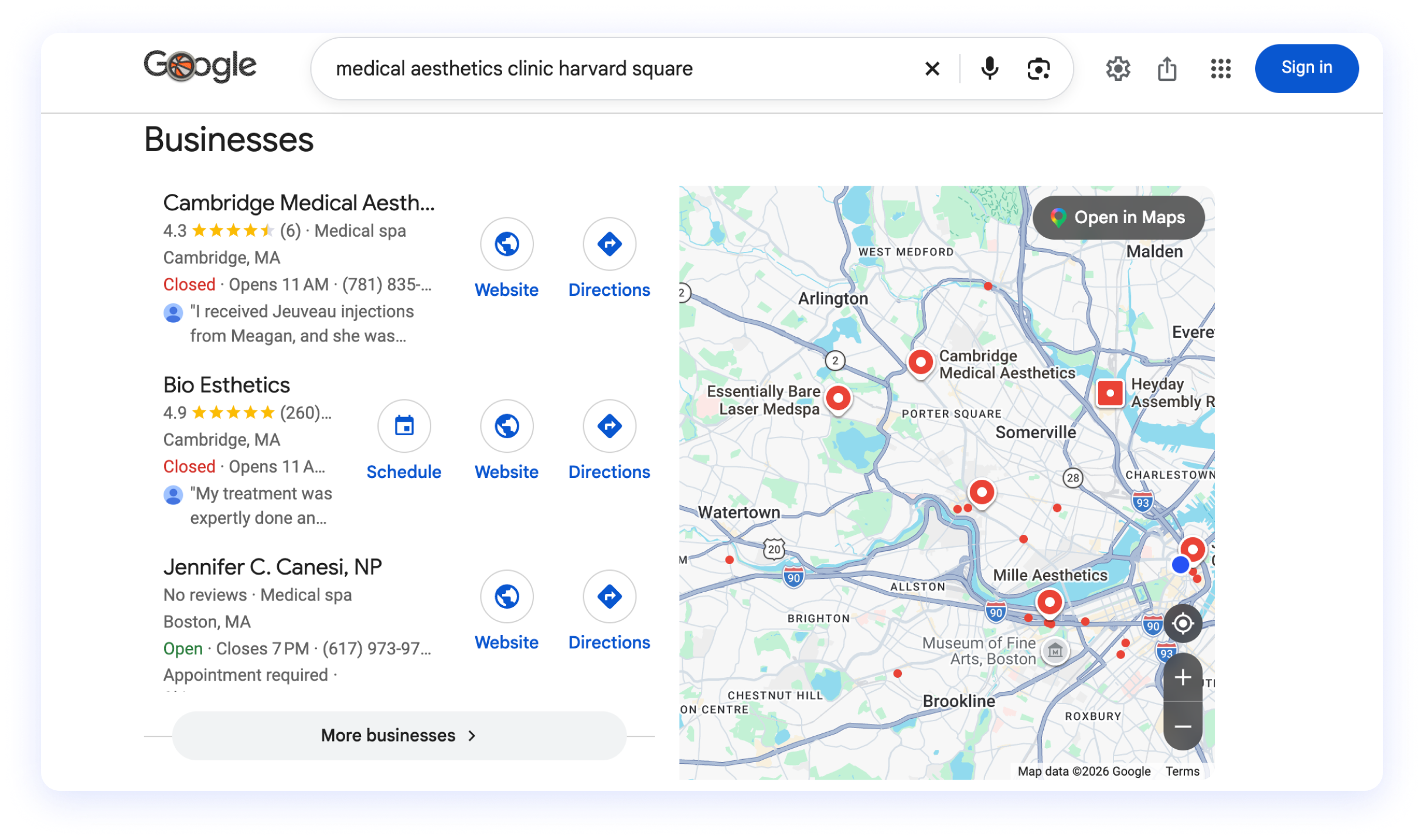 Google-Ergebnisse für „medical aesthetics clinic harvard square“: drei Studios für medizinische Ästhetik in Laufweite voneinander.