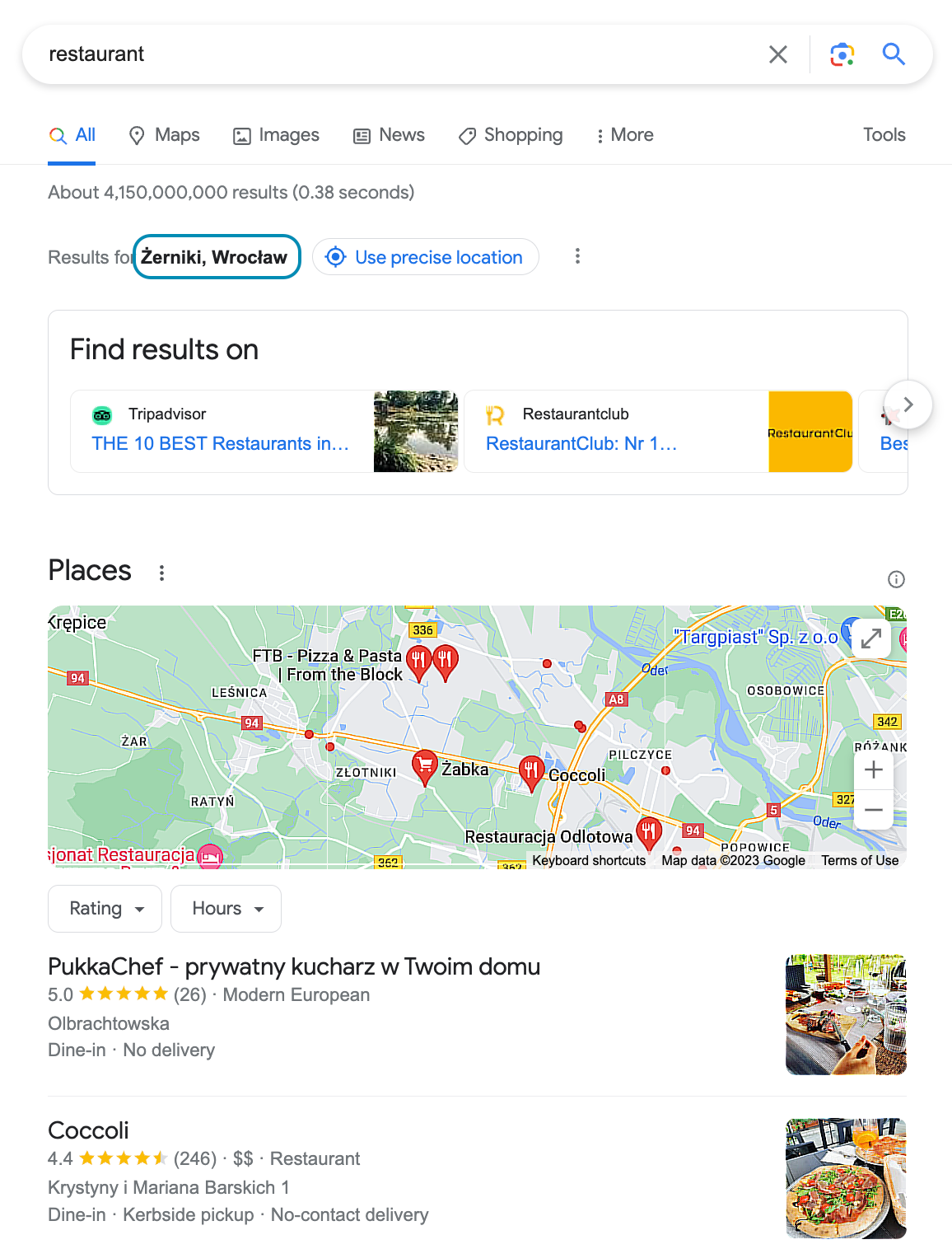 google results for the word 'restaurant' 