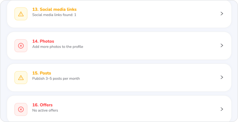 Localo Google Business Profile Audit checklist showing checks for social media links, photos, posts, and offers