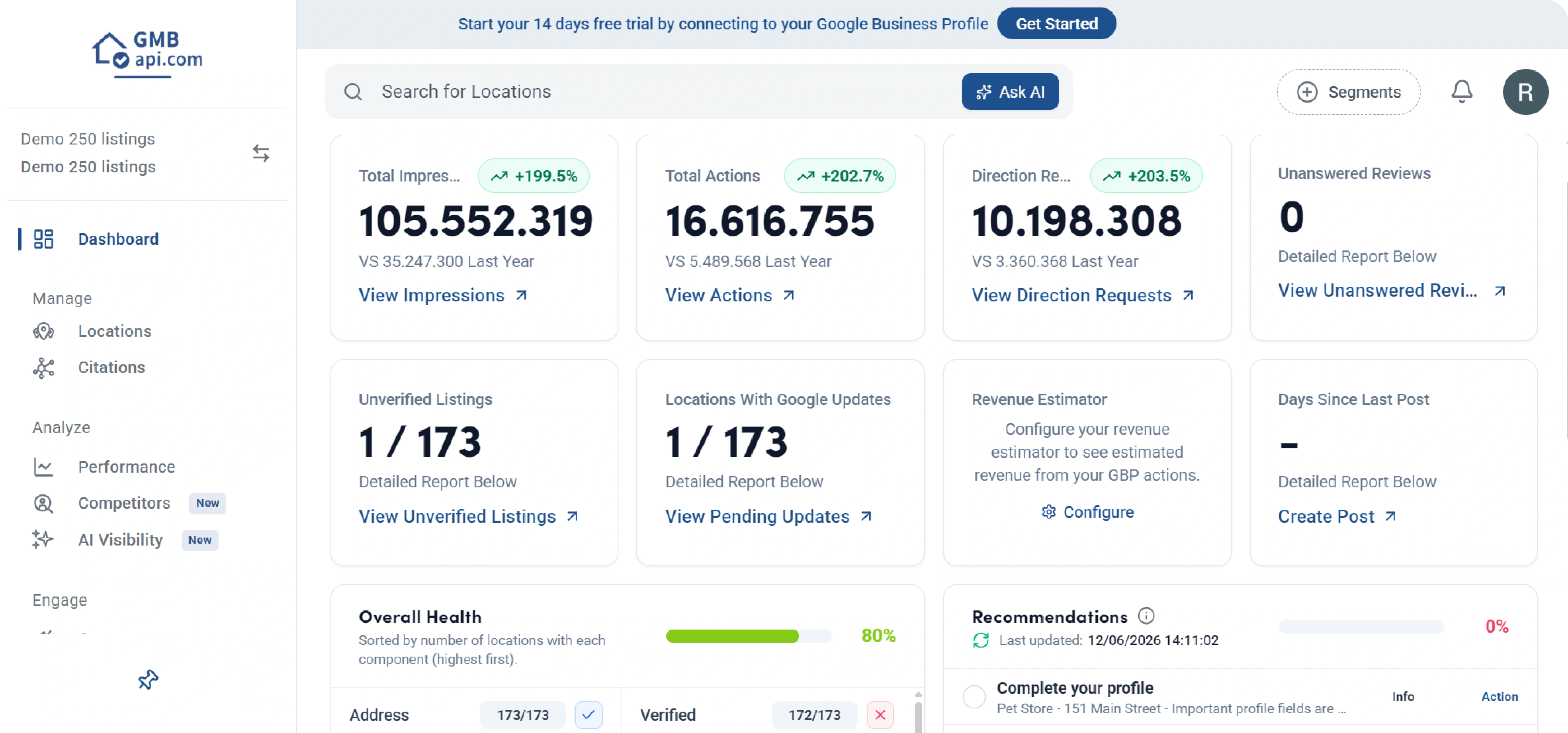 vista del dashboard de demostración de GMBapi
