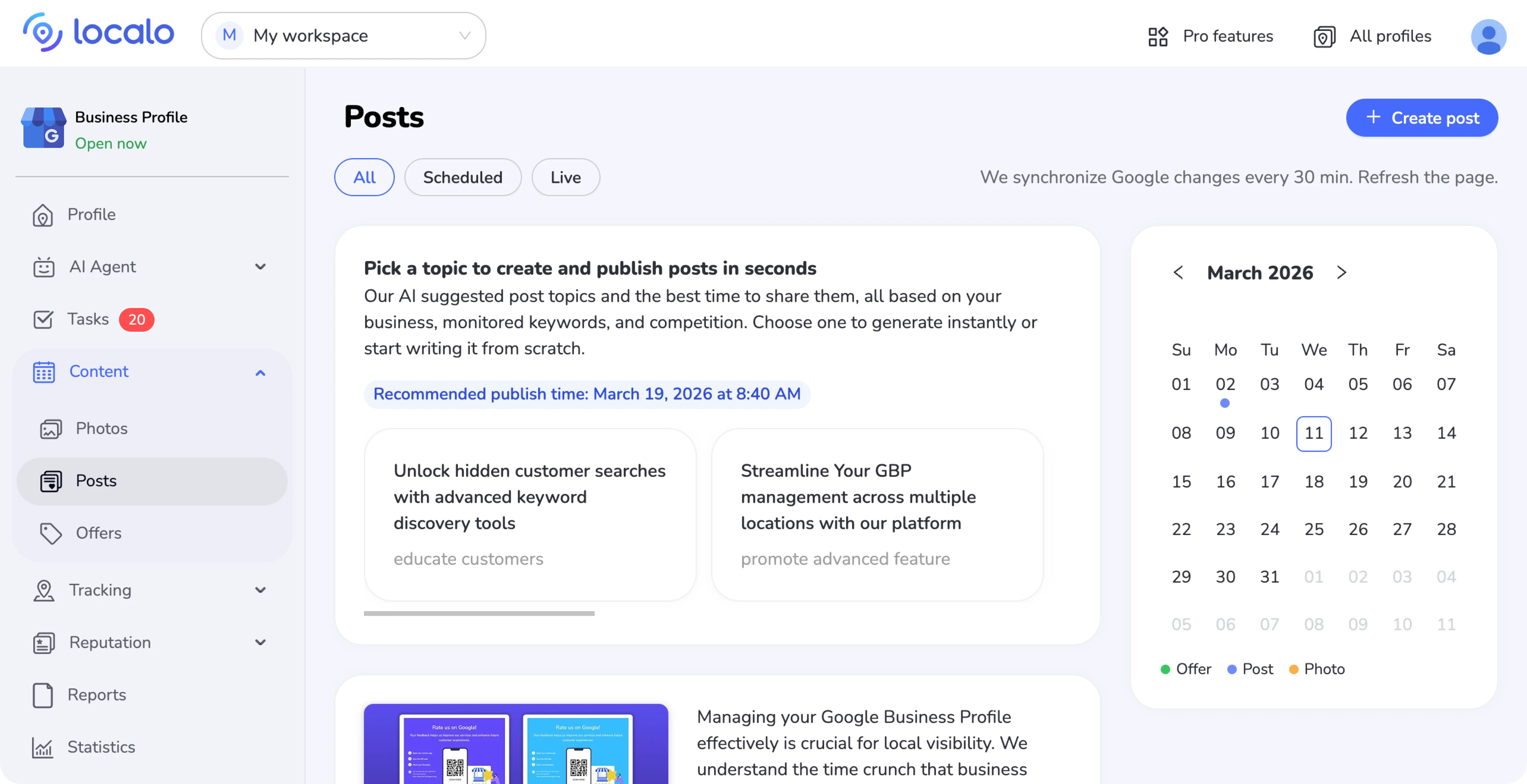 Content Publisher de Localo con sugerencias automáticas de temas y programación