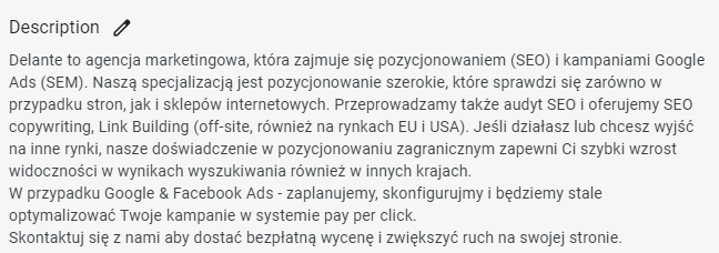 descripción en el perfil de empresa de google