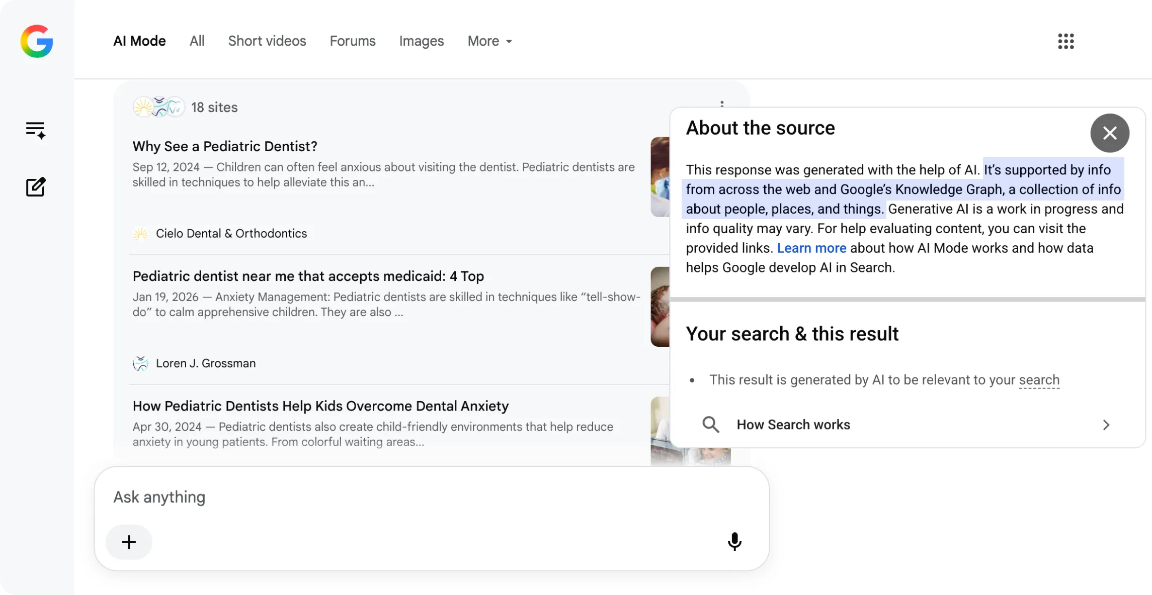 Résultat Google AI Mode pour une requête sur les dentistes pédiatriques, avec le panneau « About the source » ouvert. Le panneau explique que la réponse a été générée par l'IA à partir d'informations issues de 18 sites cités et du Knowledge Graph de Google.