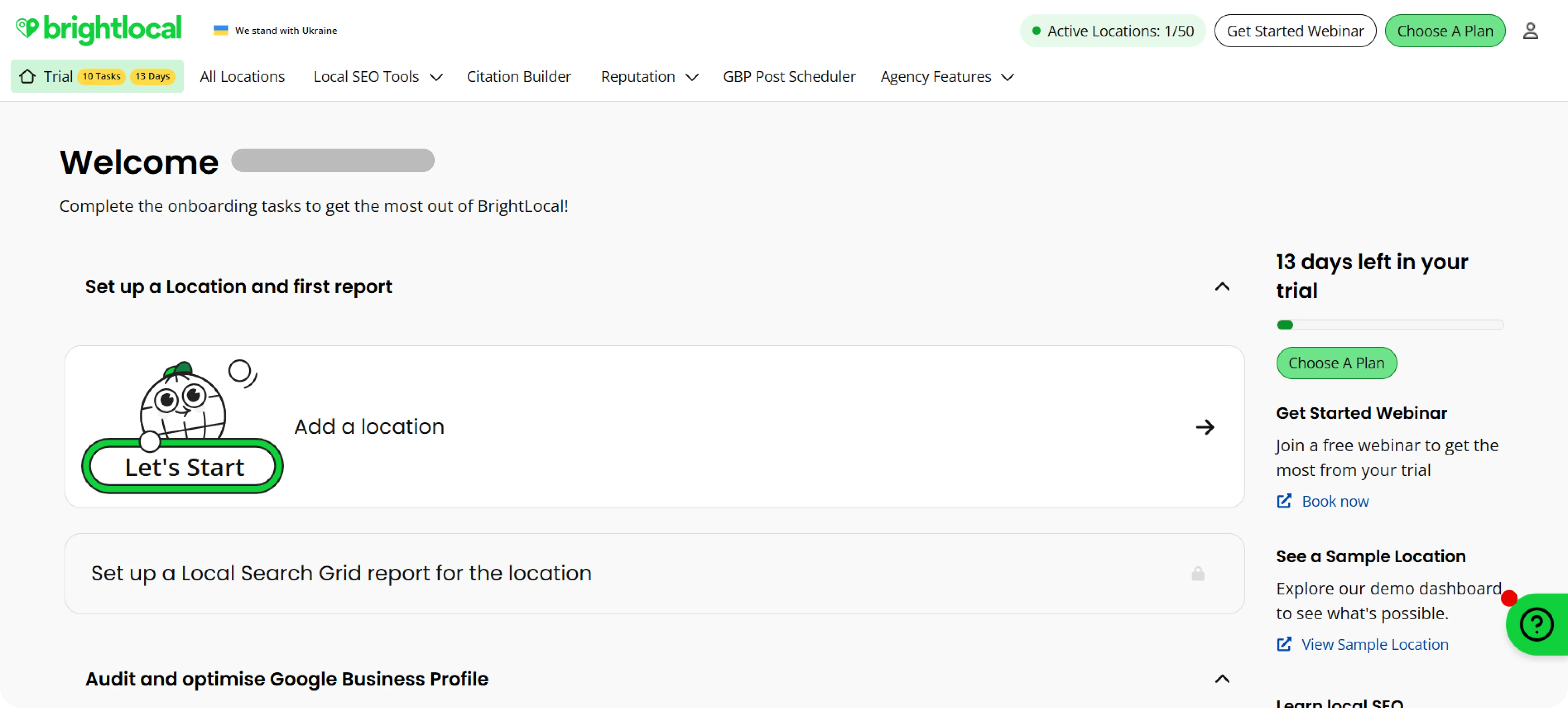 Dashboard de l'application BrightLocal