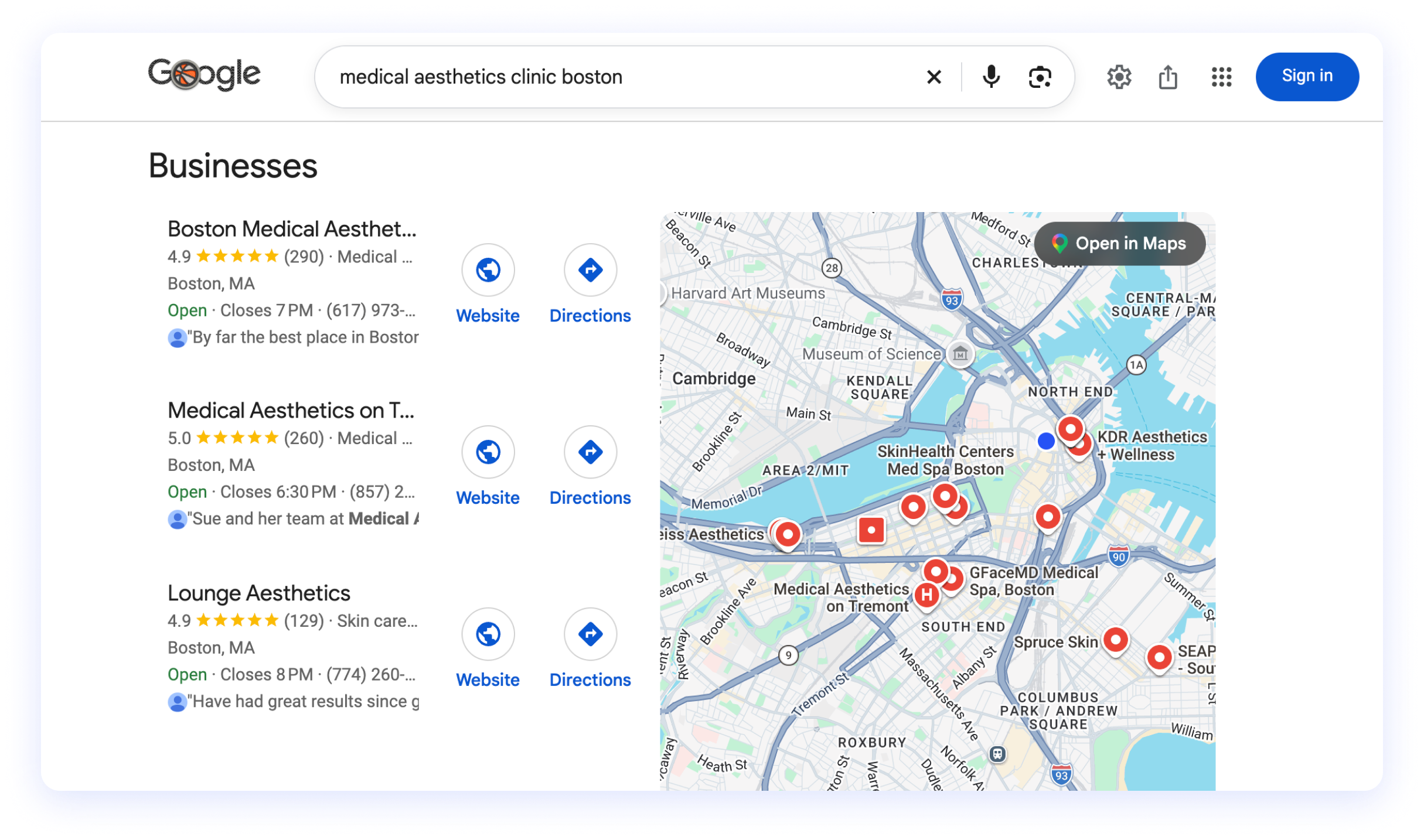 Résultats Google pour « medical aesthetics clinic boston » : des studios de médecine esthétique de toute l'agglomération, des deux côtés de la rivière.