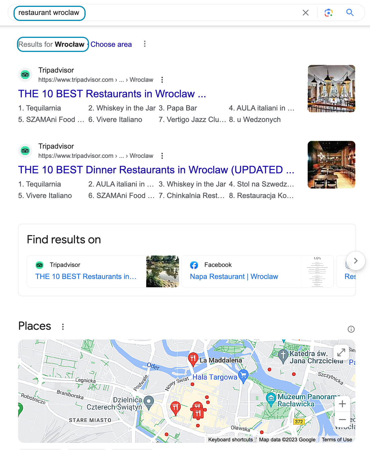 résultats de google pour la requête 'restaurant wroclaw'