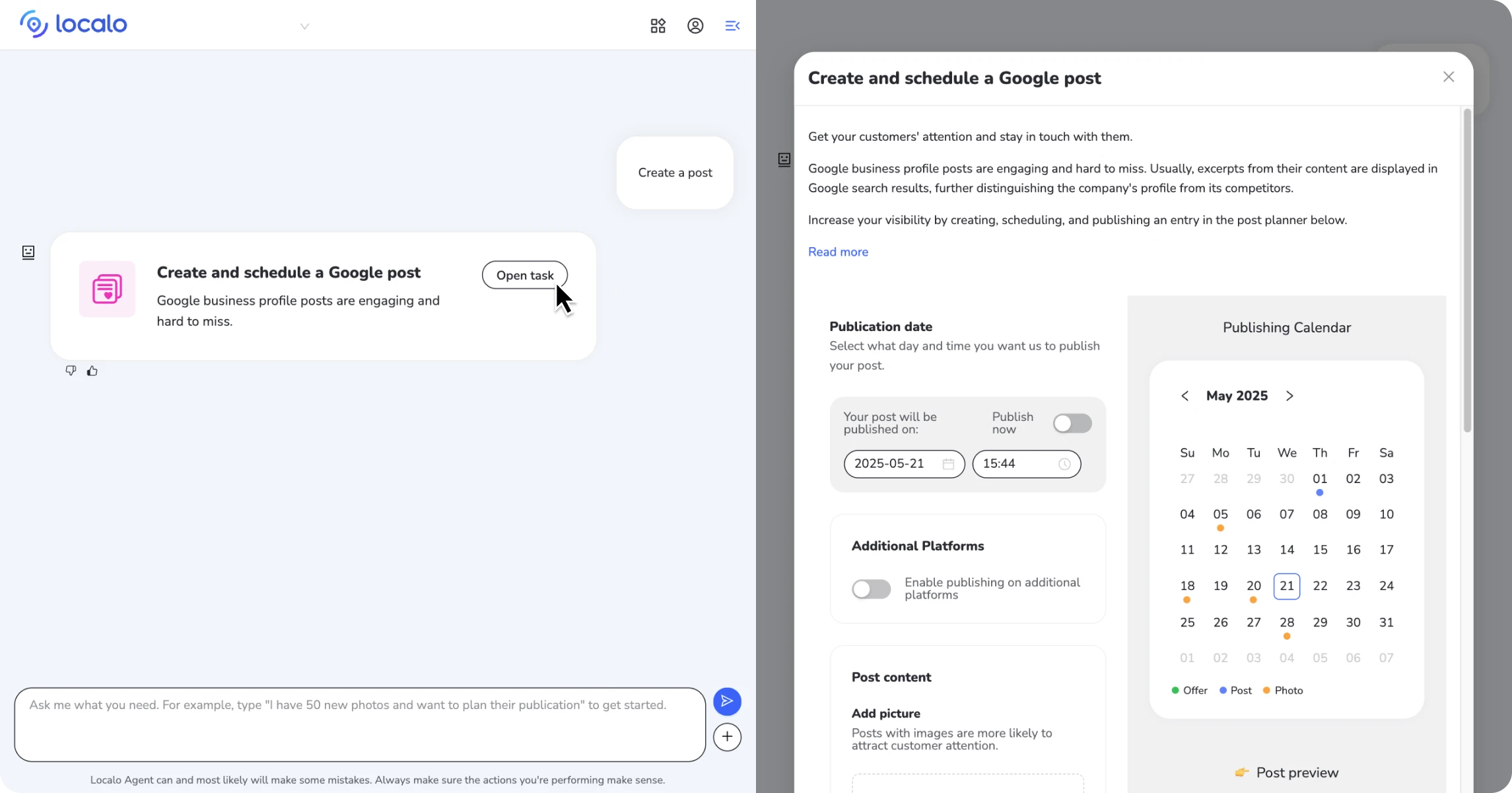 SCREENSHOTS de 1. une invite déclenchant une tâche intelligente dans l'Agent IA et 2. À l'intérieur de la Tâche intelligente de publication Google pour montrer les instructions étape par étape