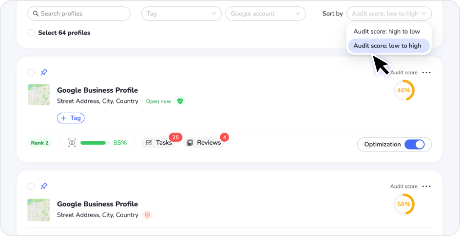 Localo dashboard showing Google Business Profiles sorted by Audit score from low to high