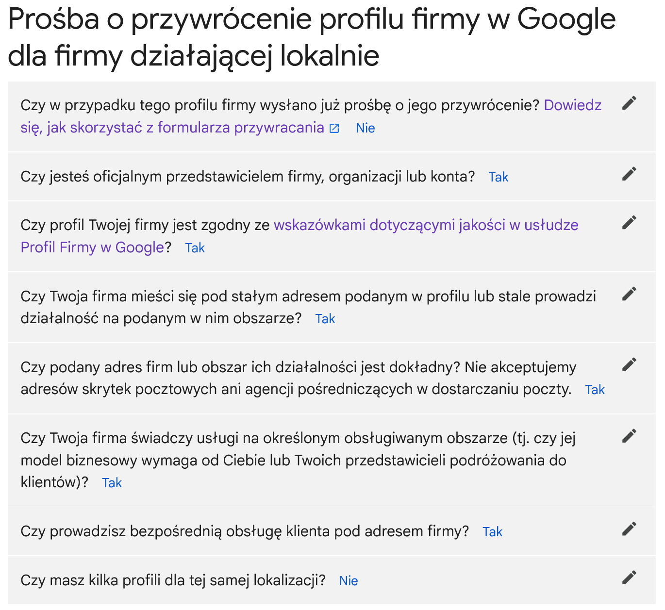 pytania do formularza zawieszonego konta biznesowego google