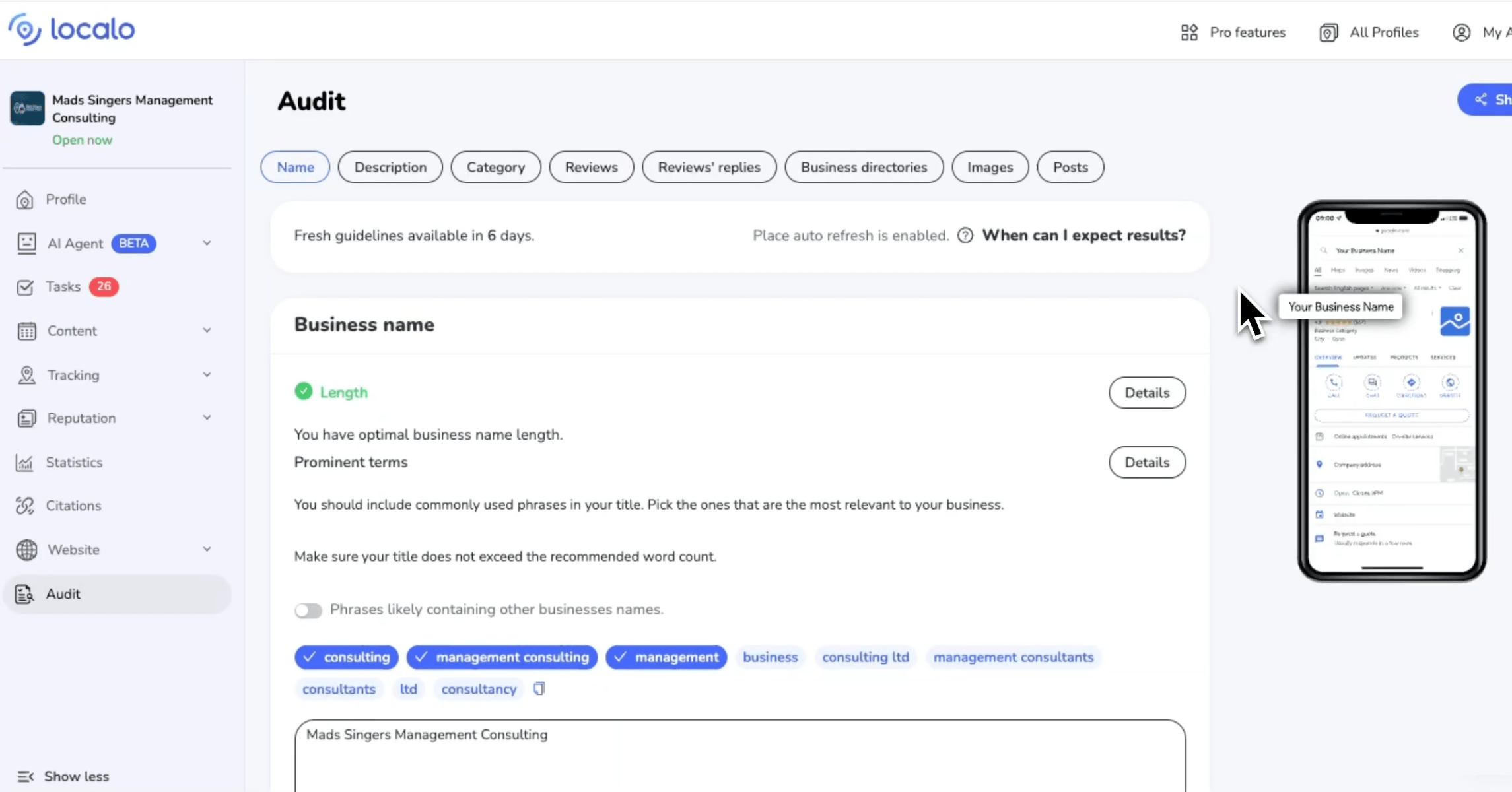 Ekran audytu w aplikacji Localo przeprowadzający automatyczny audyt wizytówki Google dla firmy doradczej, z rekomendacjami dotyczącymi nazwy firmy, opisu, kategorii, opinii, zdjęć i postów