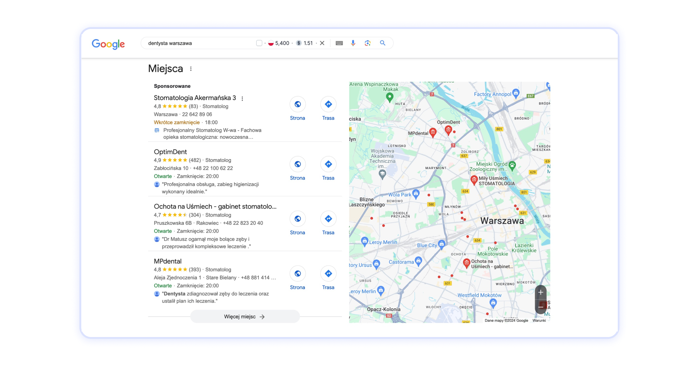 google-local-pack-wyniki-lokalne-na-slowo-dentysta-warszawa