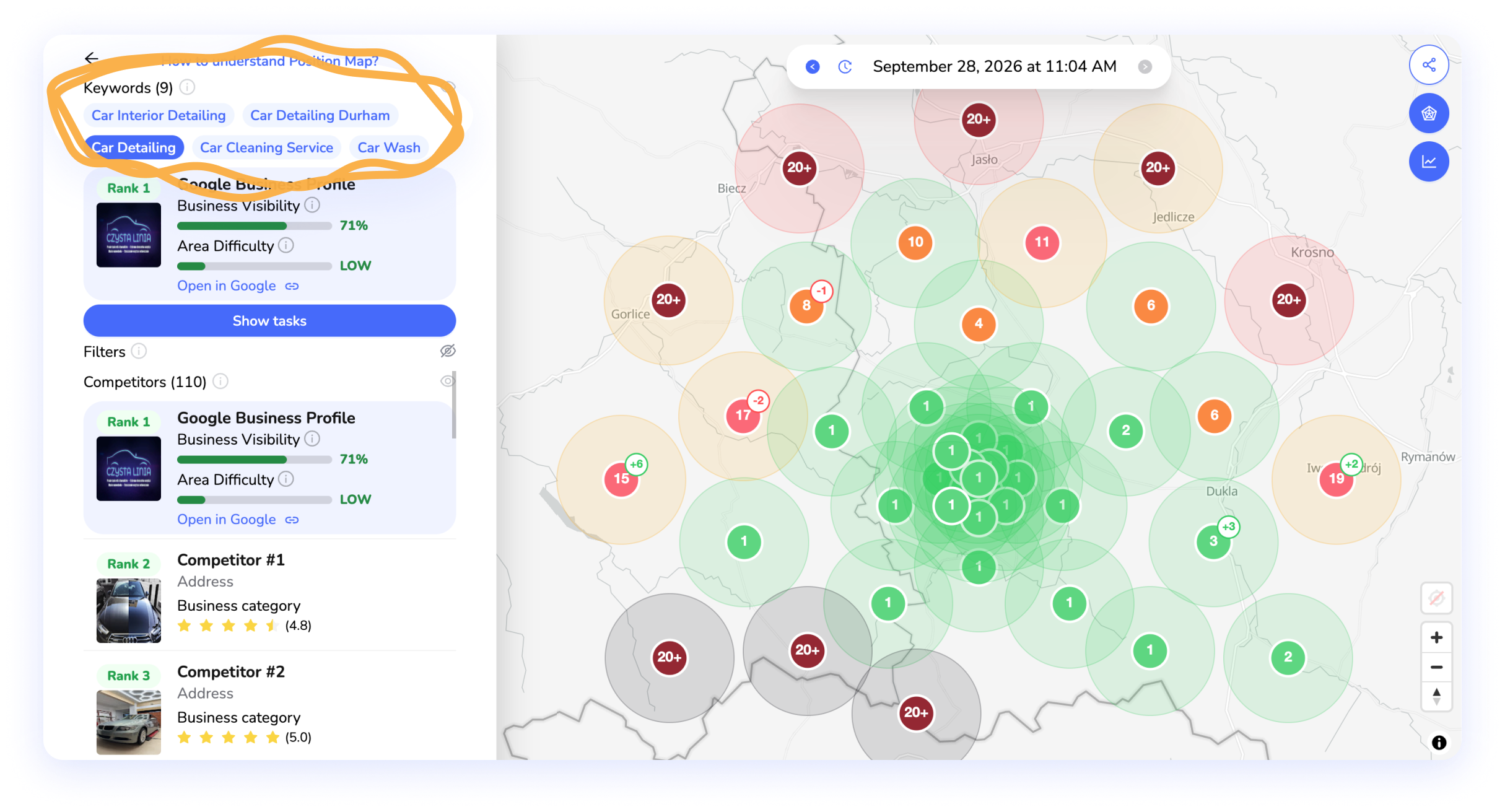 Mapa pozycji w Localo z zakreślonym przełącznikiem fraz, pokazująca pozycje w całym obszarze działania firmy dla wybranej frazy.