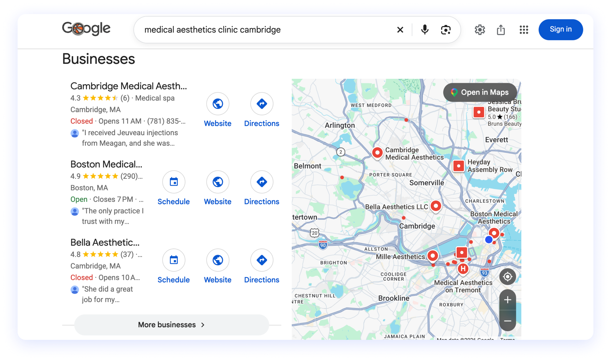 Wyniki Google dla „medical aesthetics clinic cambridge”: szerszy zestaw konkurentów, w którym pojawiają się gabinety z Bostonu z dużo większą liczbą opinii.