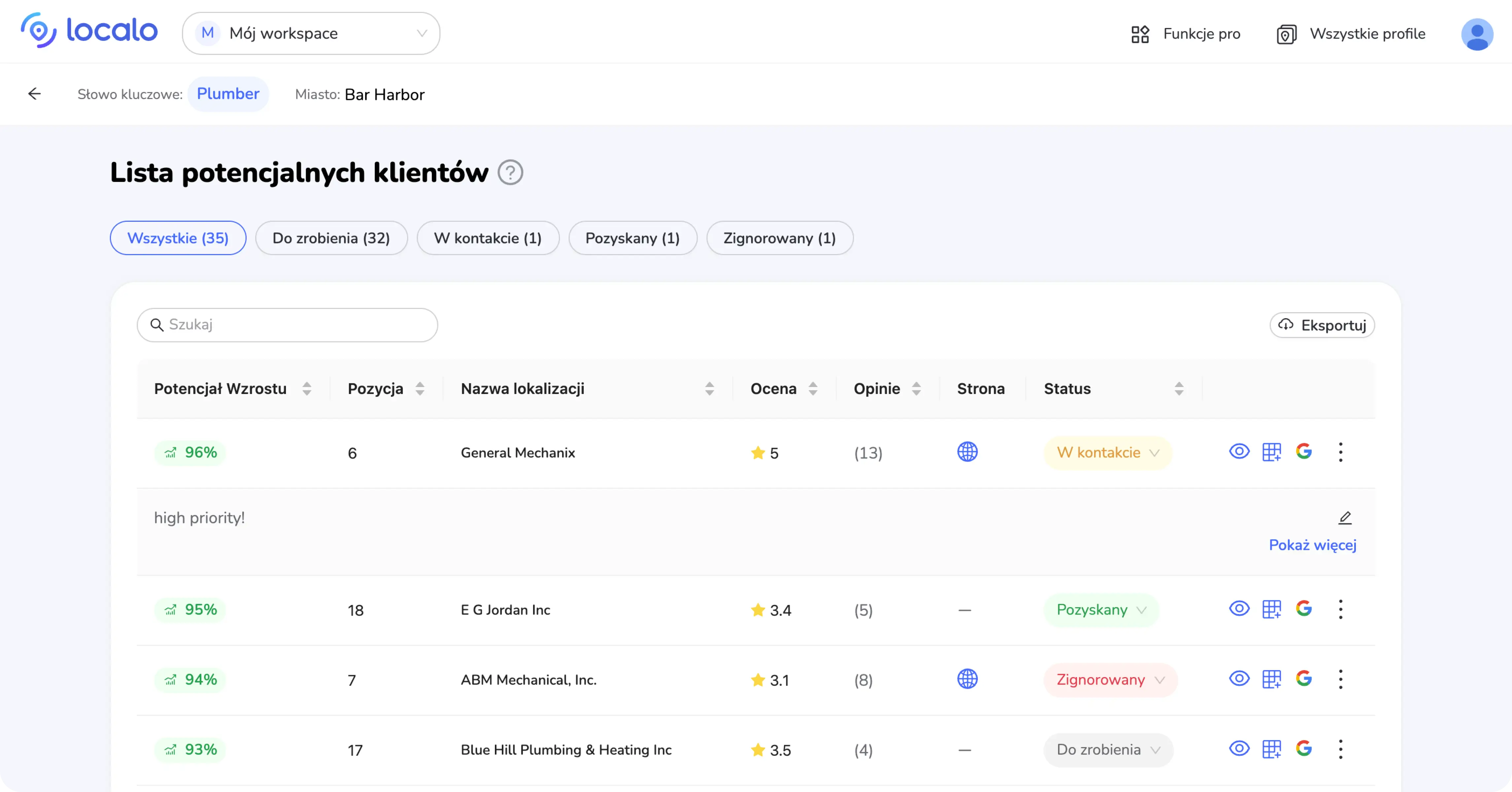 Interfejs Wyszukiwania leadów w Localo pokazująca listę leadów dla frazy „Plumber