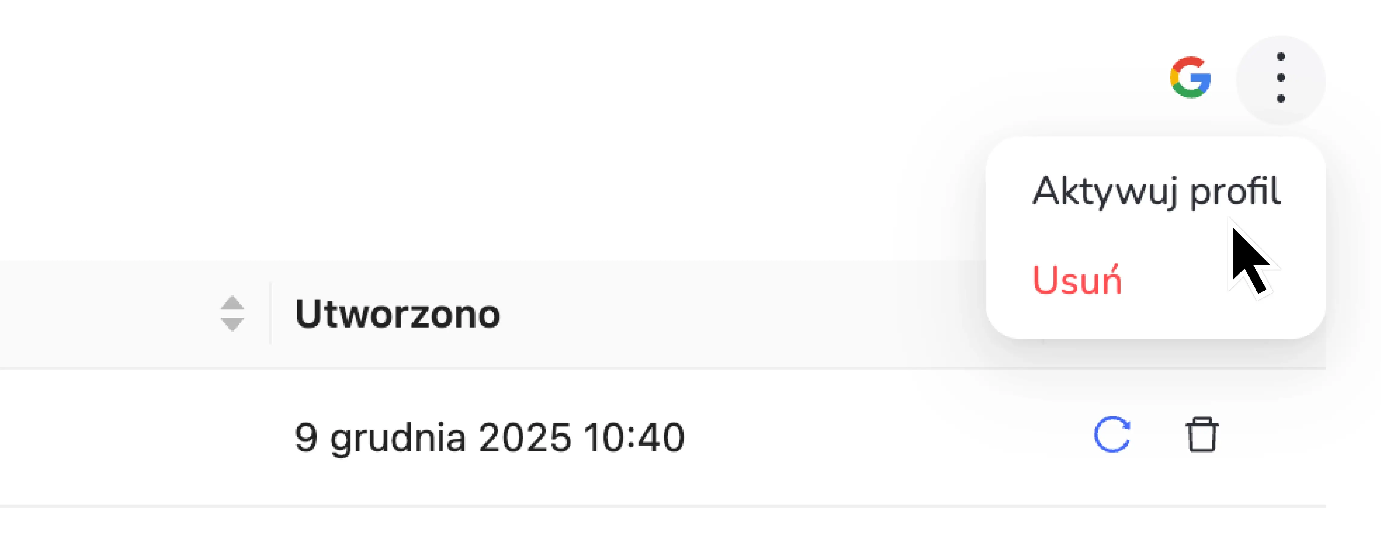 Zbliżenie funkcji aktywacji jednym kliknięciem w Localo pokazujące menu rozwijane z opcją „Aktywuj profil