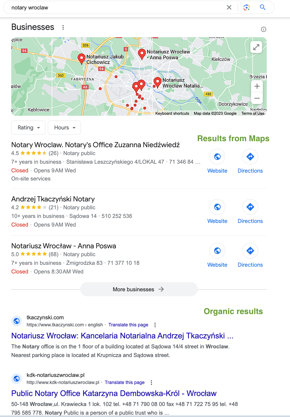 wyniki google dla zapytania „notariusz wrocław”