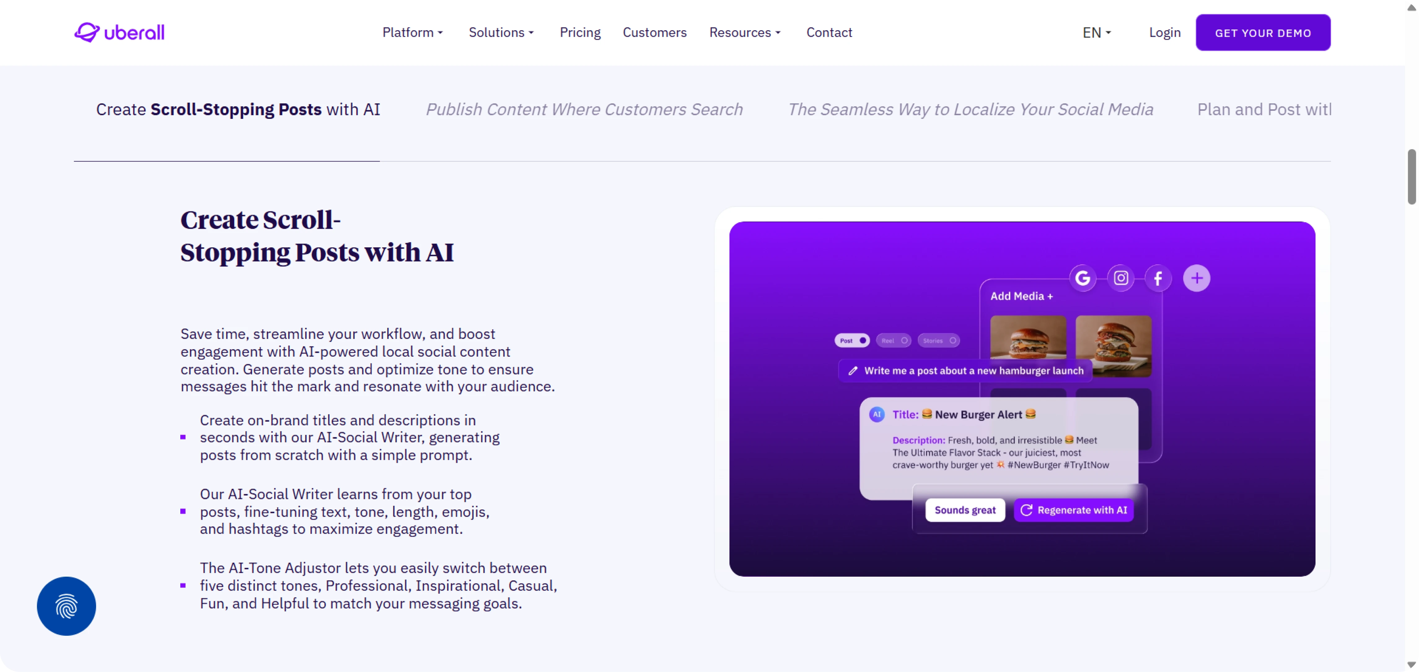 site do Uberall descreve funcionalidades disponíveis