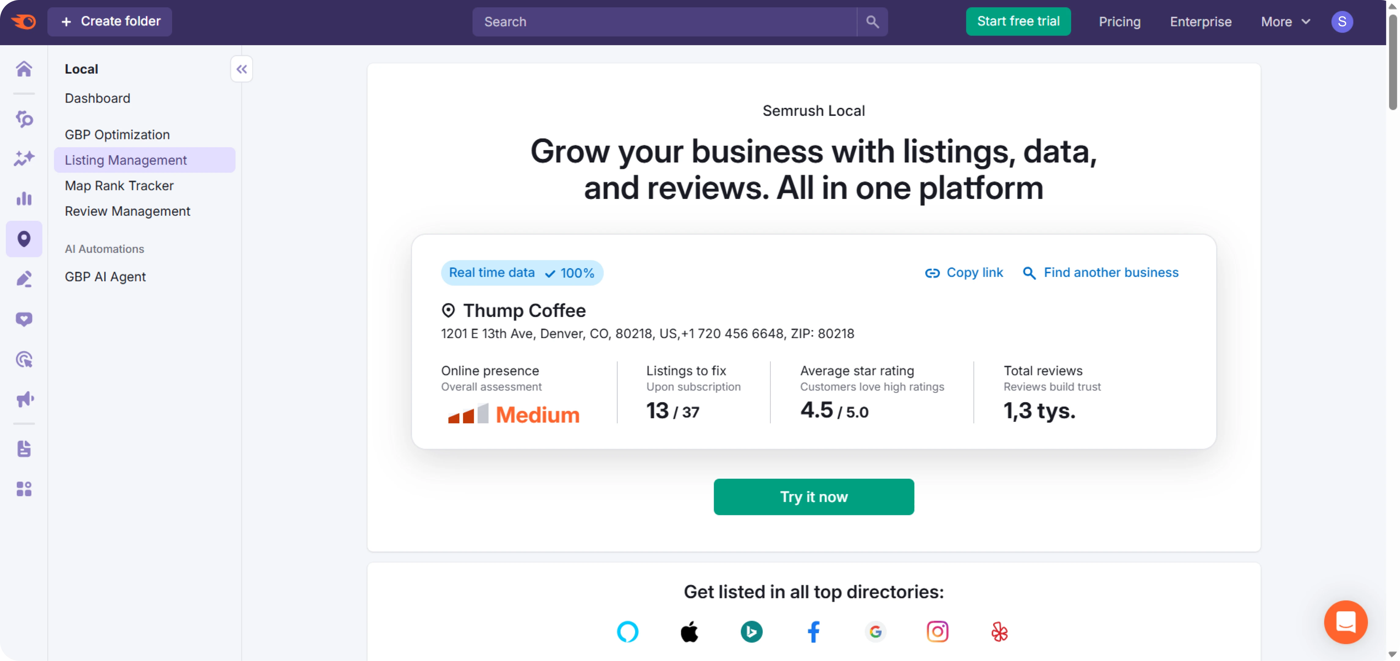 Dashboard de gerenciamento de listagens do Semrush Local
