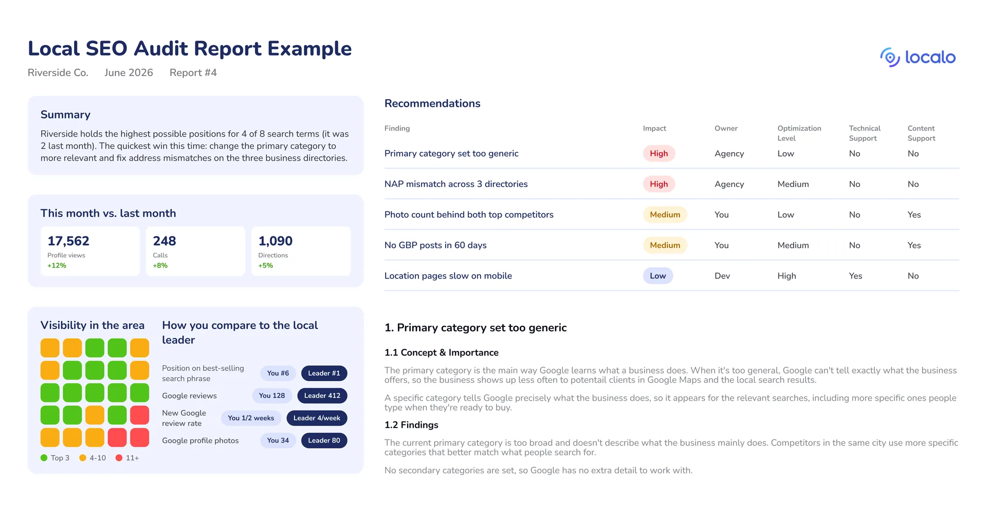 Example of a client-ready local SEO audit report showing the executive summary, visibility grid, metrics, and prioritized tasks