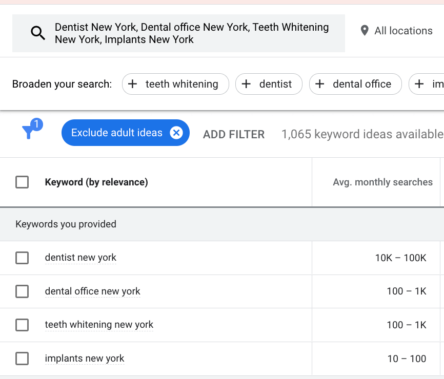 planejador de palavras-chave do google mostrando o volume de pesquisa 