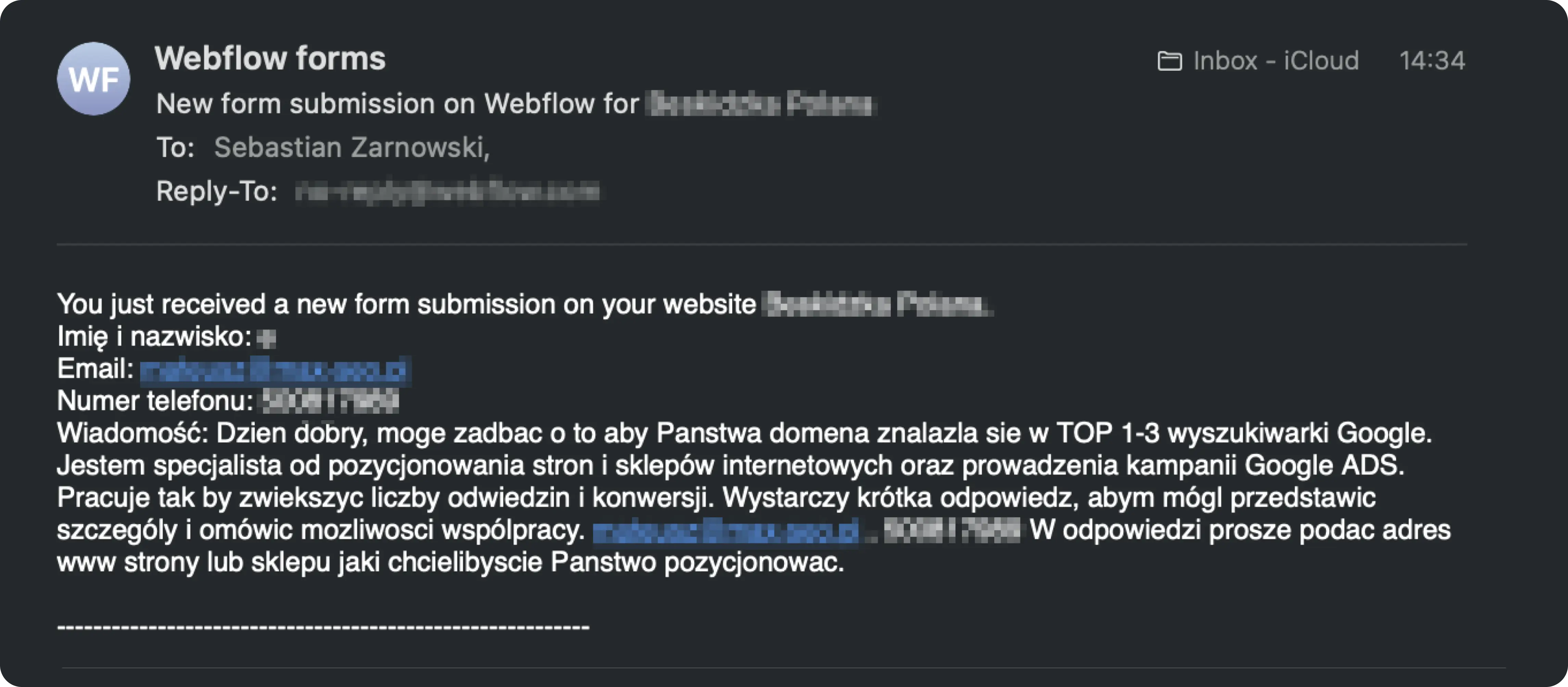 Captura de tela de um email frio de um freelancer usando jargão técnico de SEO como