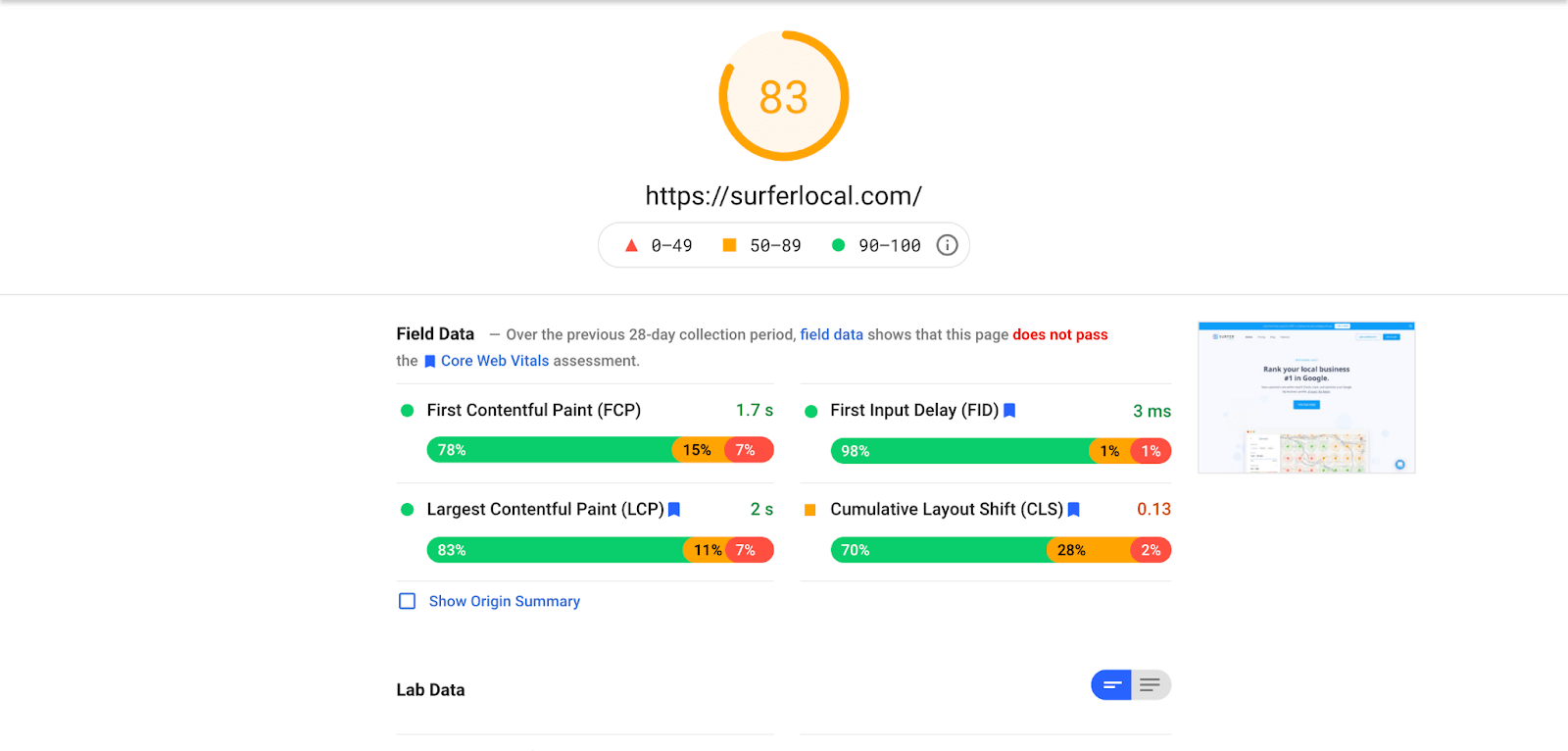 Relatório de insights de velocidade da página